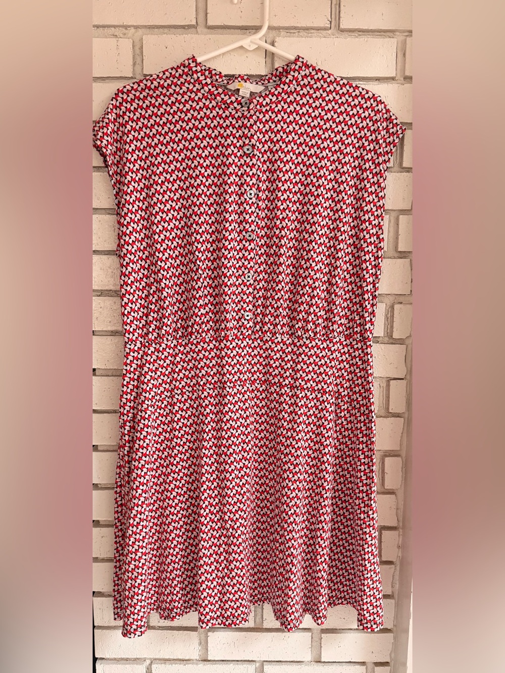 Boden Red Geometric Print Dress Button Front Cap Sleeve Fit & Flare Women's